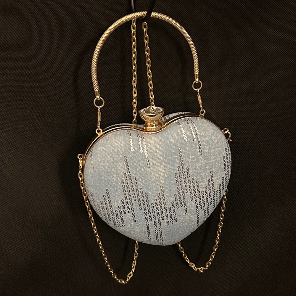 Heart-Shaped Light Blue Sequin Clutch with Gold Hardware